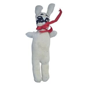 Vintage Handmade Primitive Easter Bunny Plush Folk Art Cloth Rabbit Red Ribbon